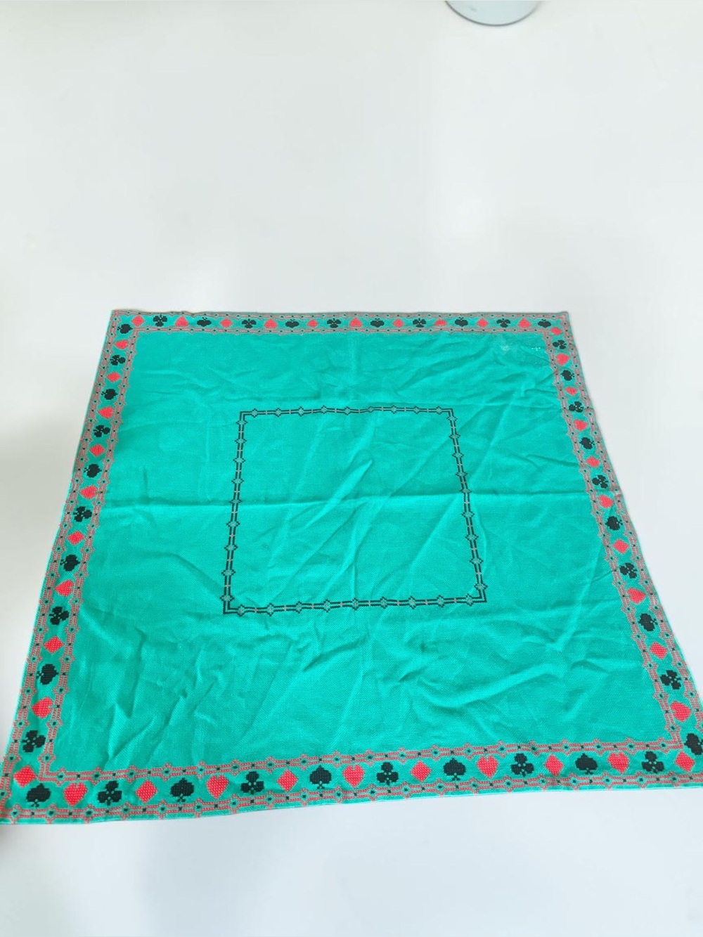 Vintage Embroidered Card Suit Tablecloth Green 31 Inch